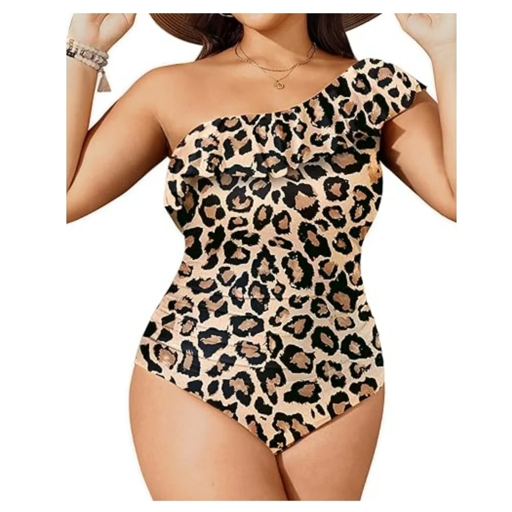 AQUA EVE - 18W Elegant Leopard Print One Shoulder Swim Suit - Picture 4 of 10